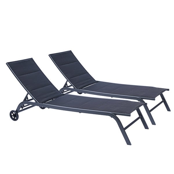 2 Pieces Outdoor Metal Frame Chaise Lounge Chair with Two Wheels