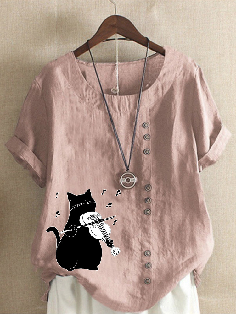 Round Neck Casual Loose Cat Print Short Sleeve Blouse