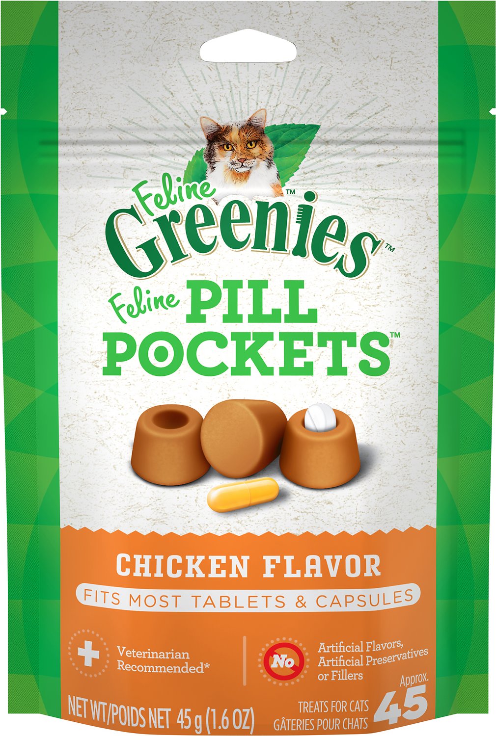 Greenies Pill Pockets Feline Chicken Flavor Cat Treats， 45 Count