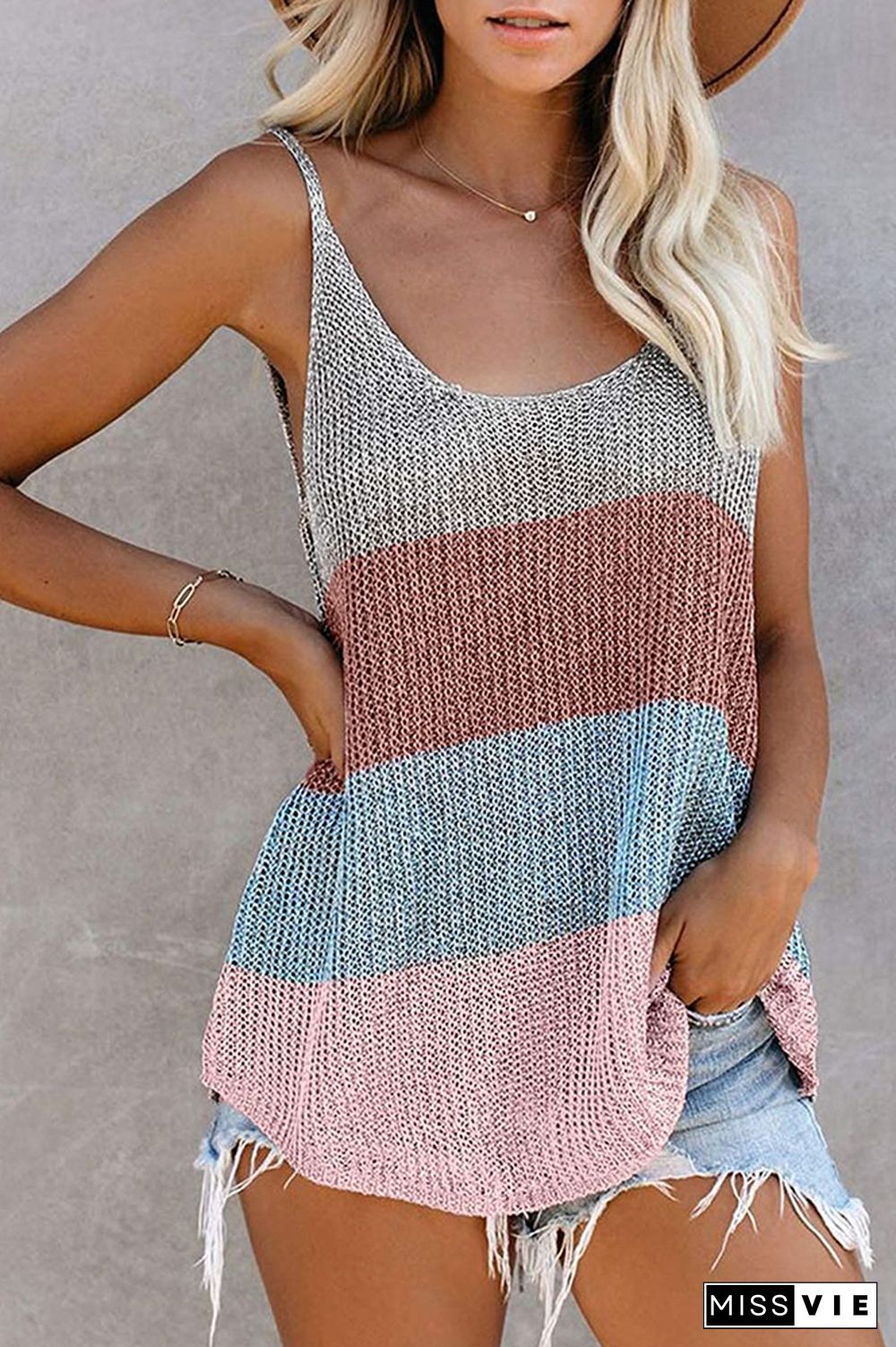 Color Block and Plain U Neck Knit Tank Top