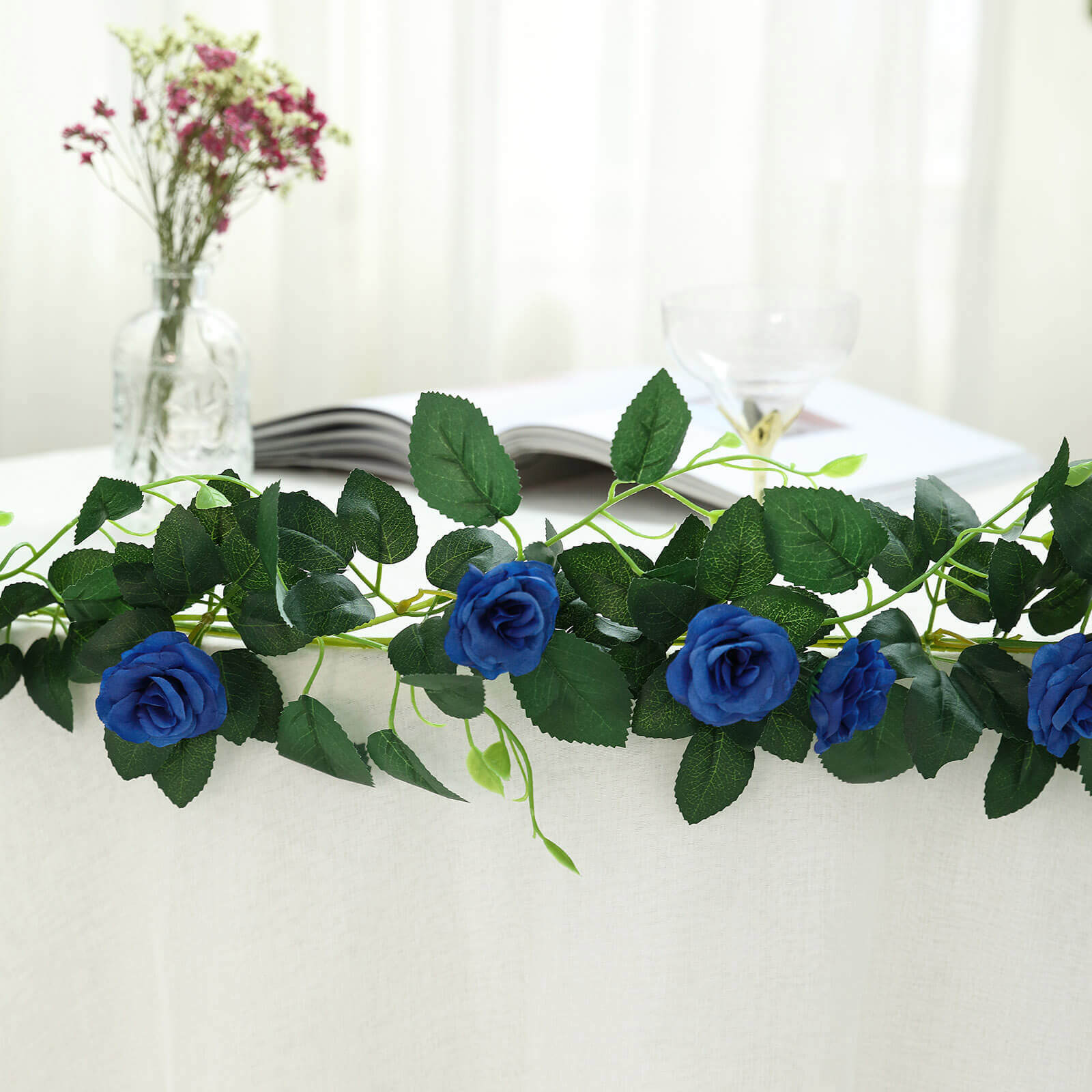 20 Royal Blue Artificial Silk Roses Flower Garland, Hanging Vine 6ft