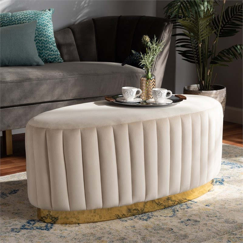 Bowery Hill White Velvet Fabric Upholstered and Gold PU Leather Ottoman   Contemporary   Footstools And Ottomans   by Homesquare  Houzz