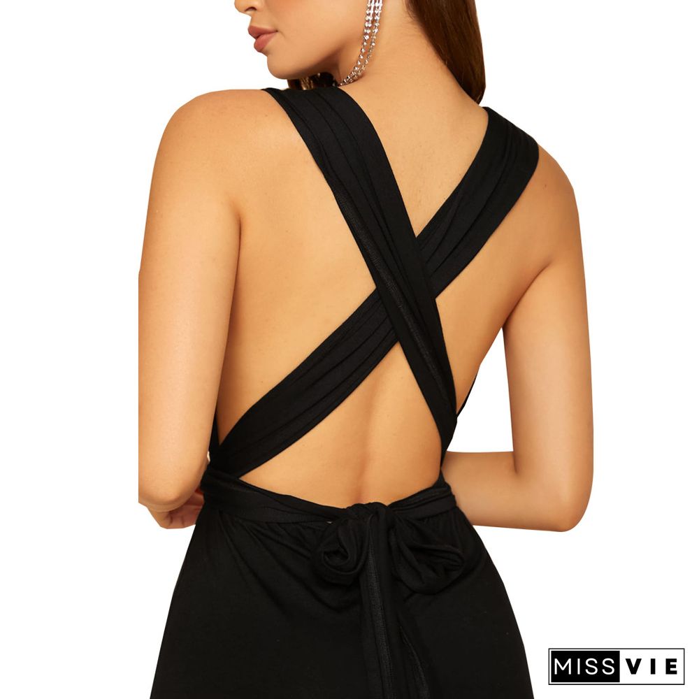 Solid Color Sleeveless Crisscross Back Straight Jumpsuit