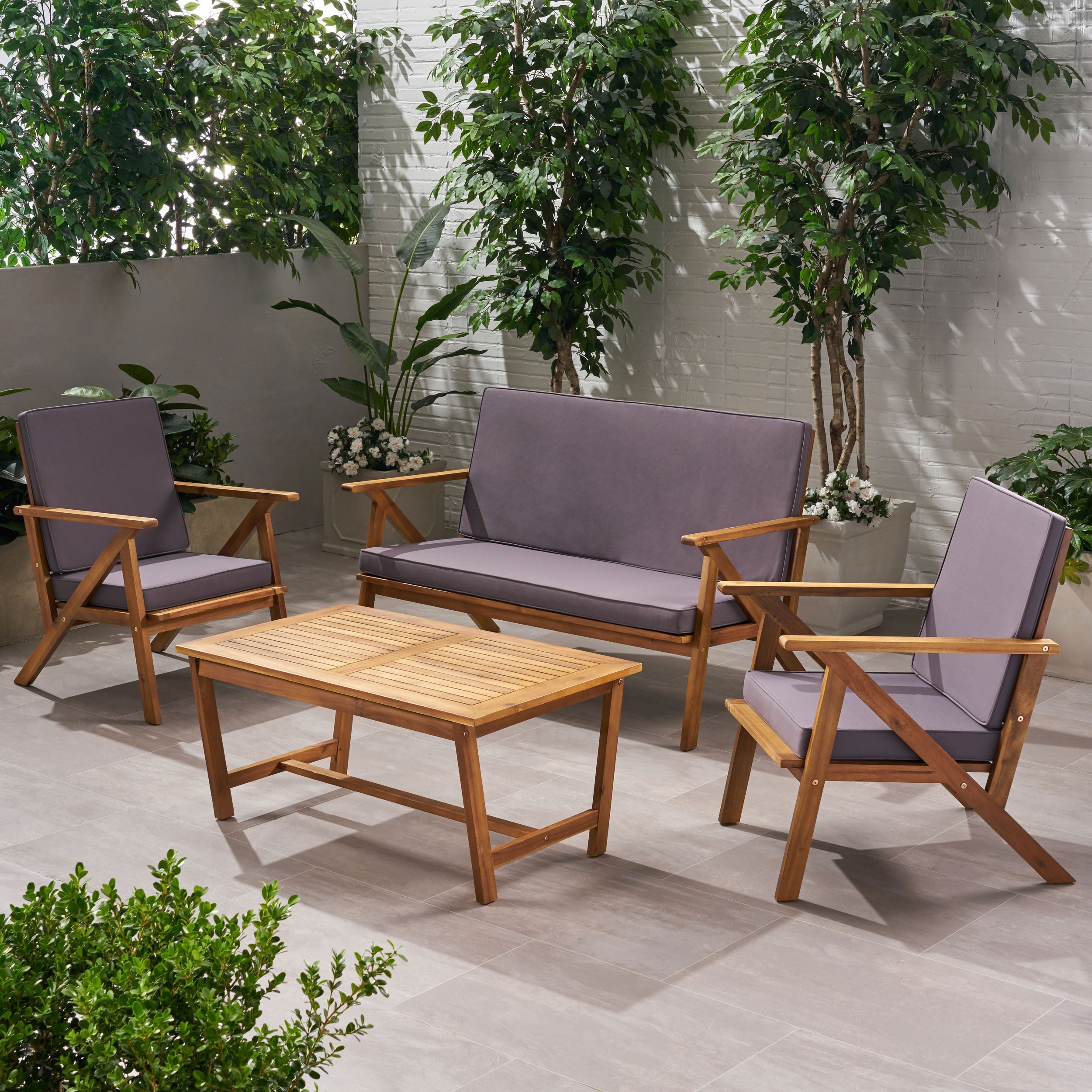 Manarola 4 Pc Outdoor Natural Wood Finish Chat Set w/ Water Resistant Cushion