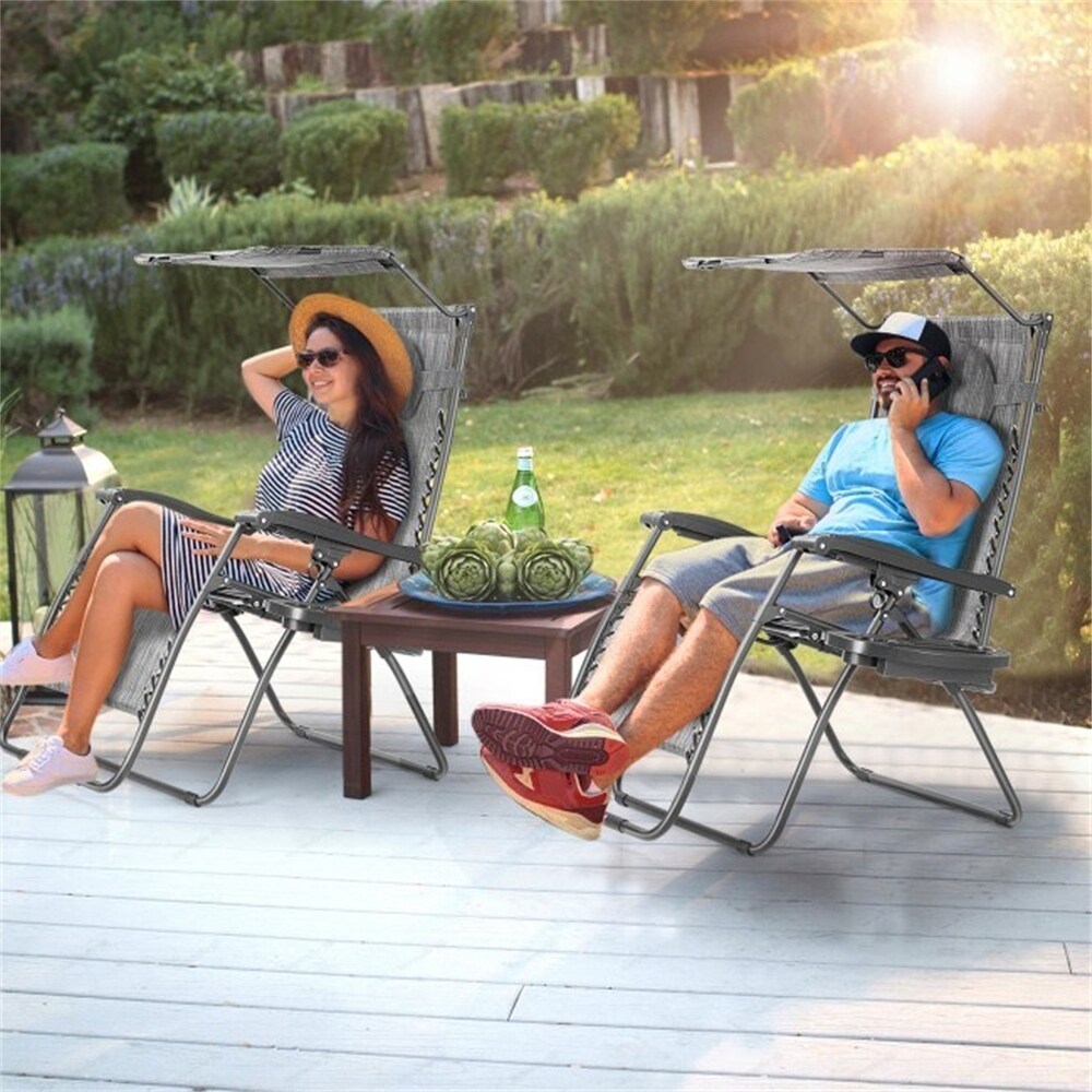 Folding Recliner Lounge Chair  W/ Shade Canopy   Cup Holder for Patio