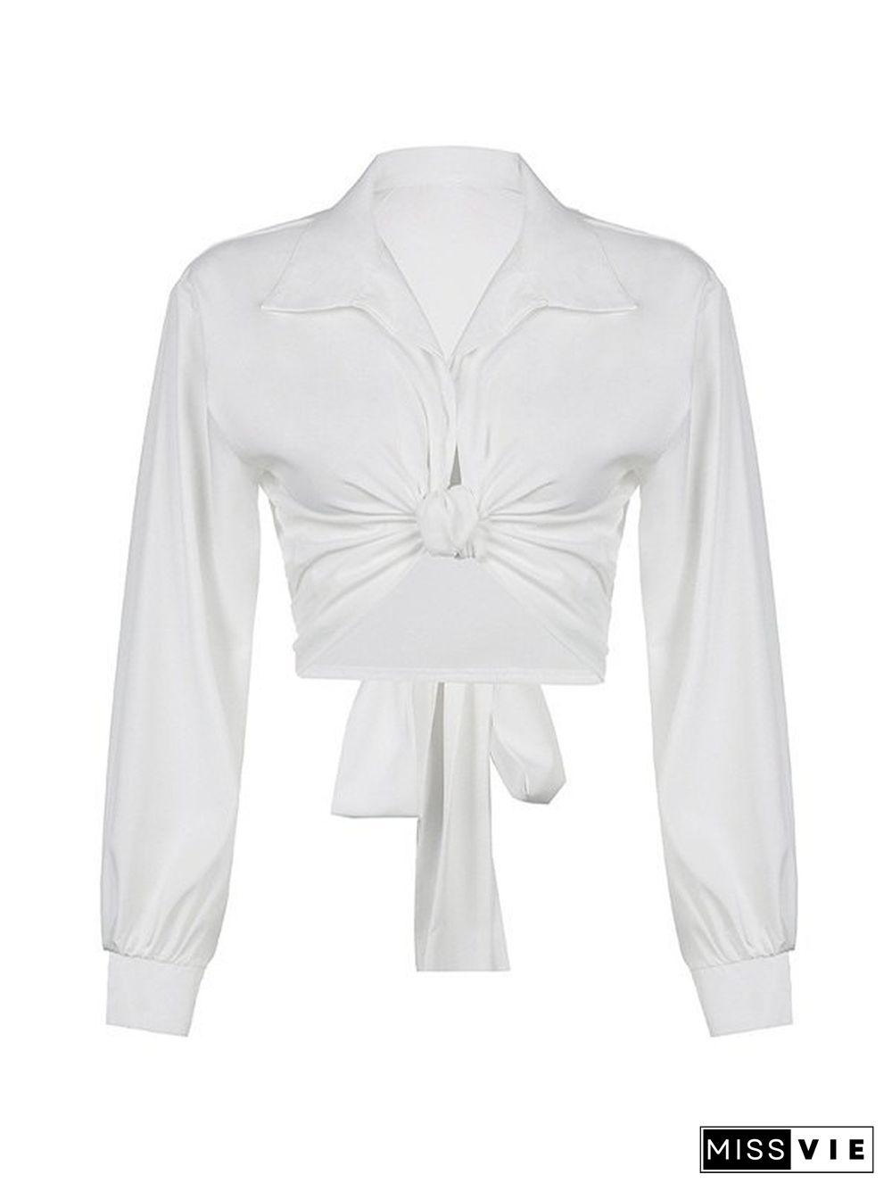 Knotted Tie Strap Cropped Long Sleeve Blouse