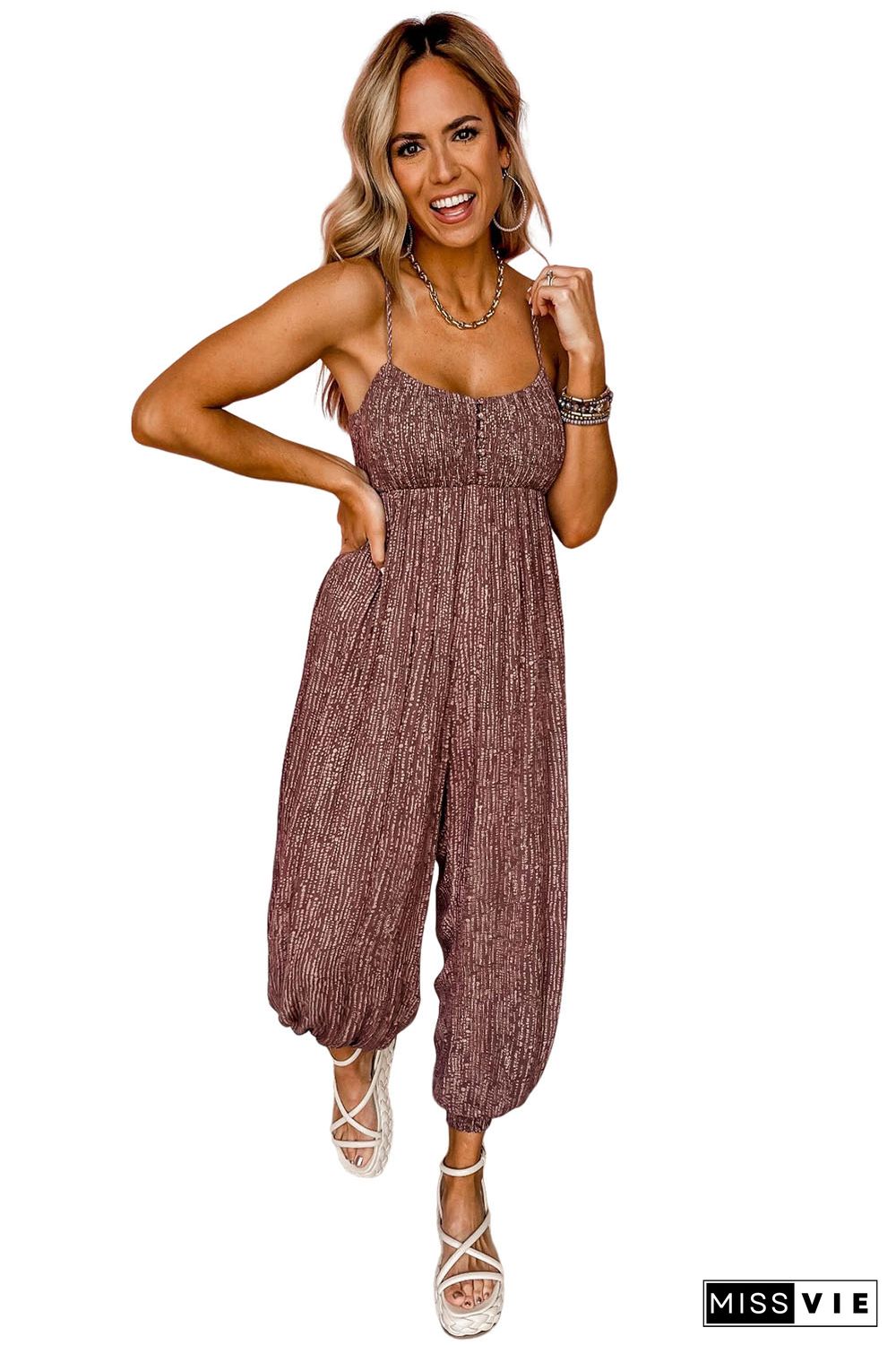 Brown Dotty Printed Puffy Trouser Legs Sleeveless Jumpsuit