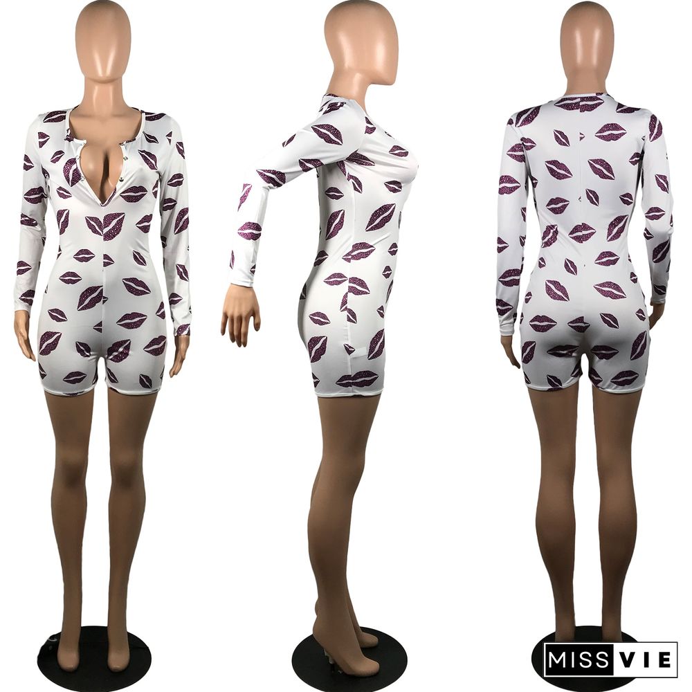 Sexy Printed Long Sleeve Medium Waist Tight Lift Hip Romper