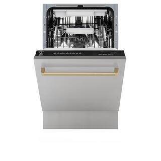 ZLINE Kitchen and Bath Autograph Edition 18 in. Top Control 8-Cycle Tall Tub Dishwasher w 3rd Rack in Stainless Steel  Champagne Bronze DWVZ-304-18-CB