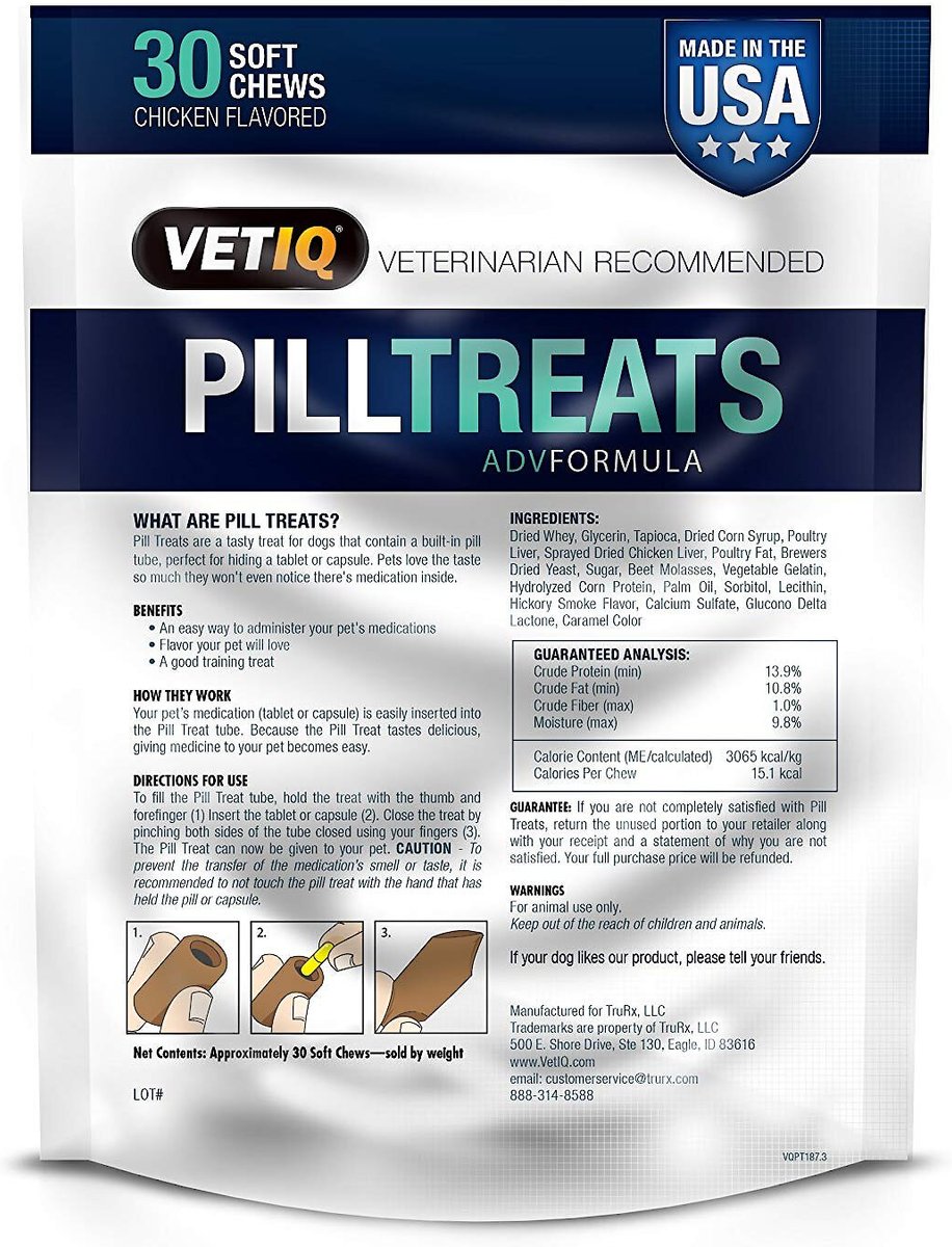 VetIQ Pill Treats Advanced Formula Soft Chews Chicken Flavored Dog Treats， 30 count