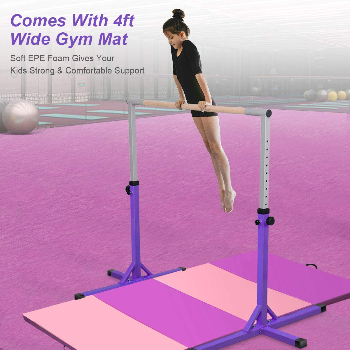 Costzon Junior Training Bar with 4 ft Gymnastics Mat, 3' to 5' Height Adjustable 1-4 Levels Exercise Kip Bar w/Double Locking Mechanism