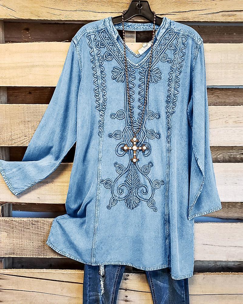 Women's Ethnic Pattern Print V-Neck Long Sleeves Casual Denim Top