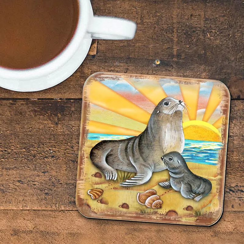 Sealion Coastal Wooden Cork Coasters Gift Set of 4 by Nature Wonders