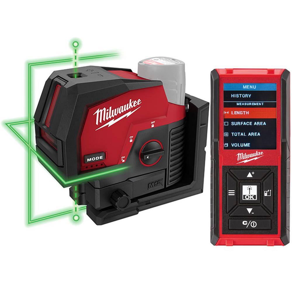 MW M12 12-Volt Lithium-Ion Cordless Green 125 ft. Cross Line  Plumb Points Laser Level (Tool-Only) w Laser Distance Meter 3622-20-48-22-9802