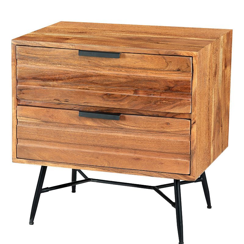 2 Drawer Wooden Nightstand with Metal Angled Legs， Black and Brown