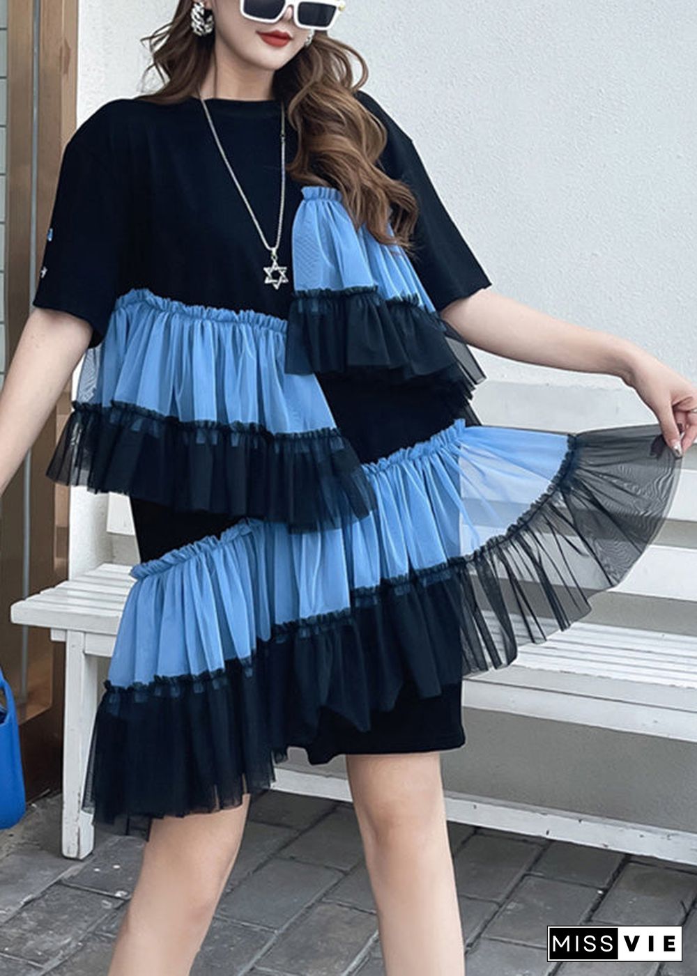 DIY Black O-Neck Wrinkled Tulle Patchwork Vacation Mid Dress Short Sleeve