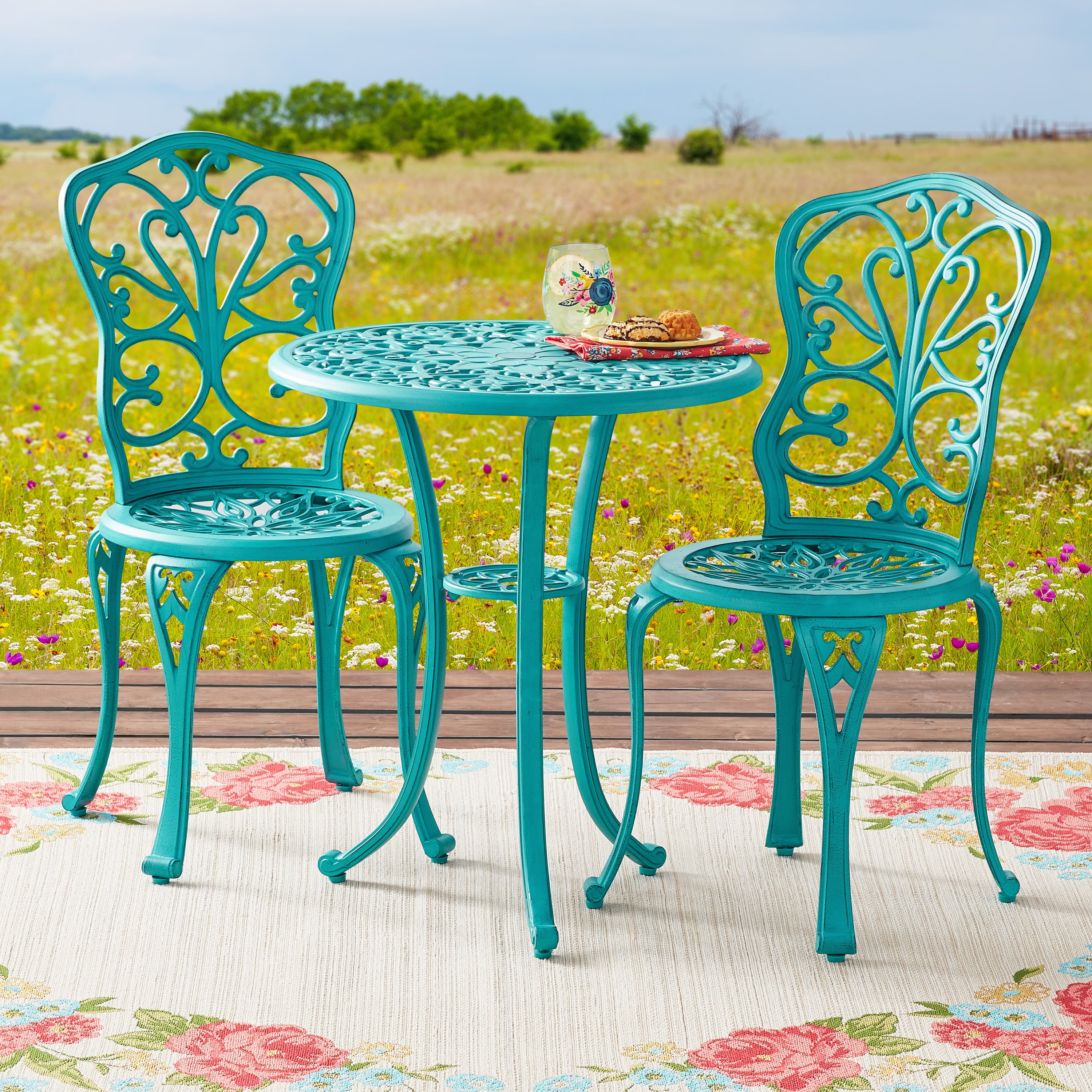 The Pioneer Woman Goldie 3-Piece Cast Aluminum Garden Bistro Set, Teal