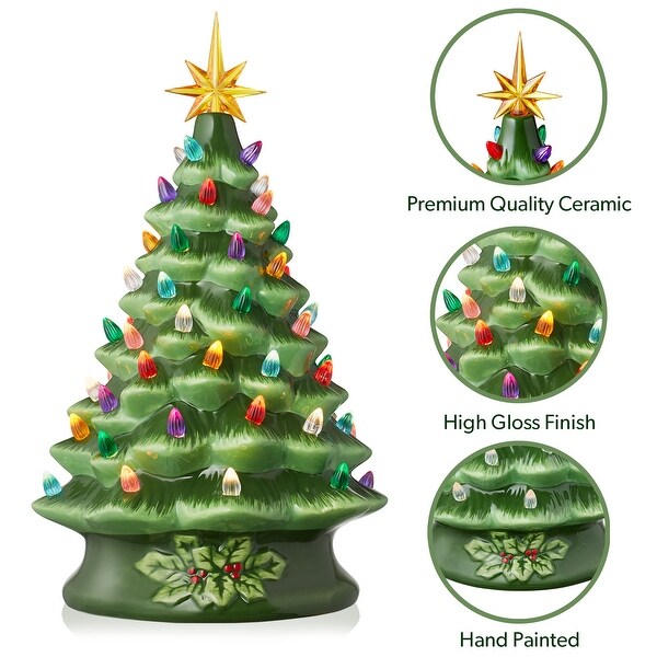 15 Hand Painted Ceramic Christmas Tree，Green PreLit Tree with Star