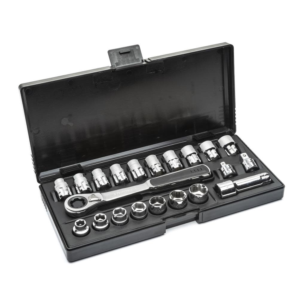 21 Pc 3/8 In. Drive SAE/Metric Pass-Thru GearRatchet Mechanics Tool Set ;