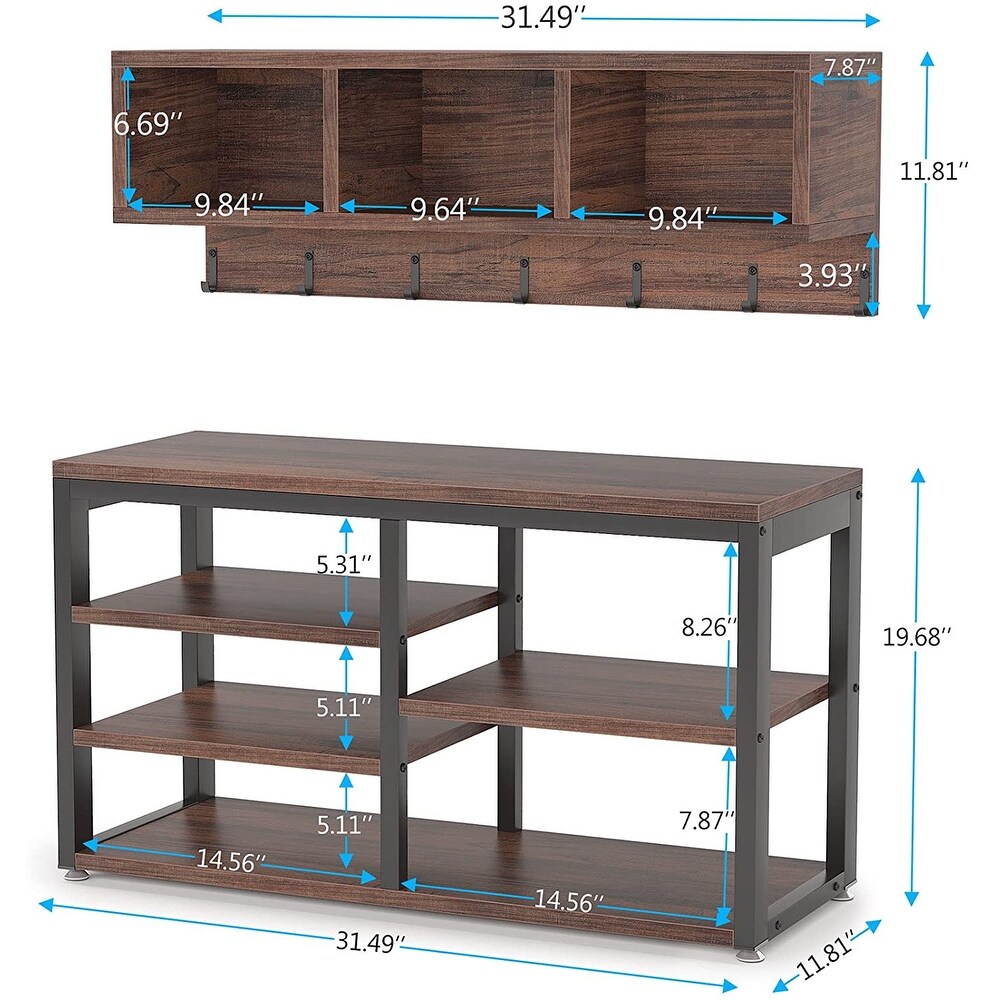 Entryway Coat Rack Shoe Bench Set  Industrial Hall Tree Coat Shoe Rack