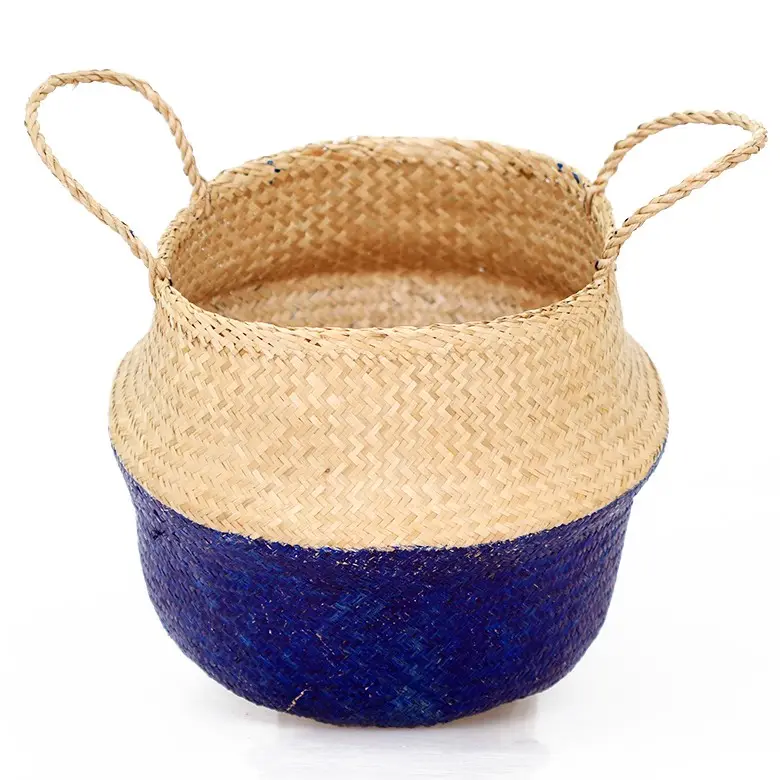 Cheap price wholesale floor standing seagrass baskets classic blue handmade seagrass basket with handles