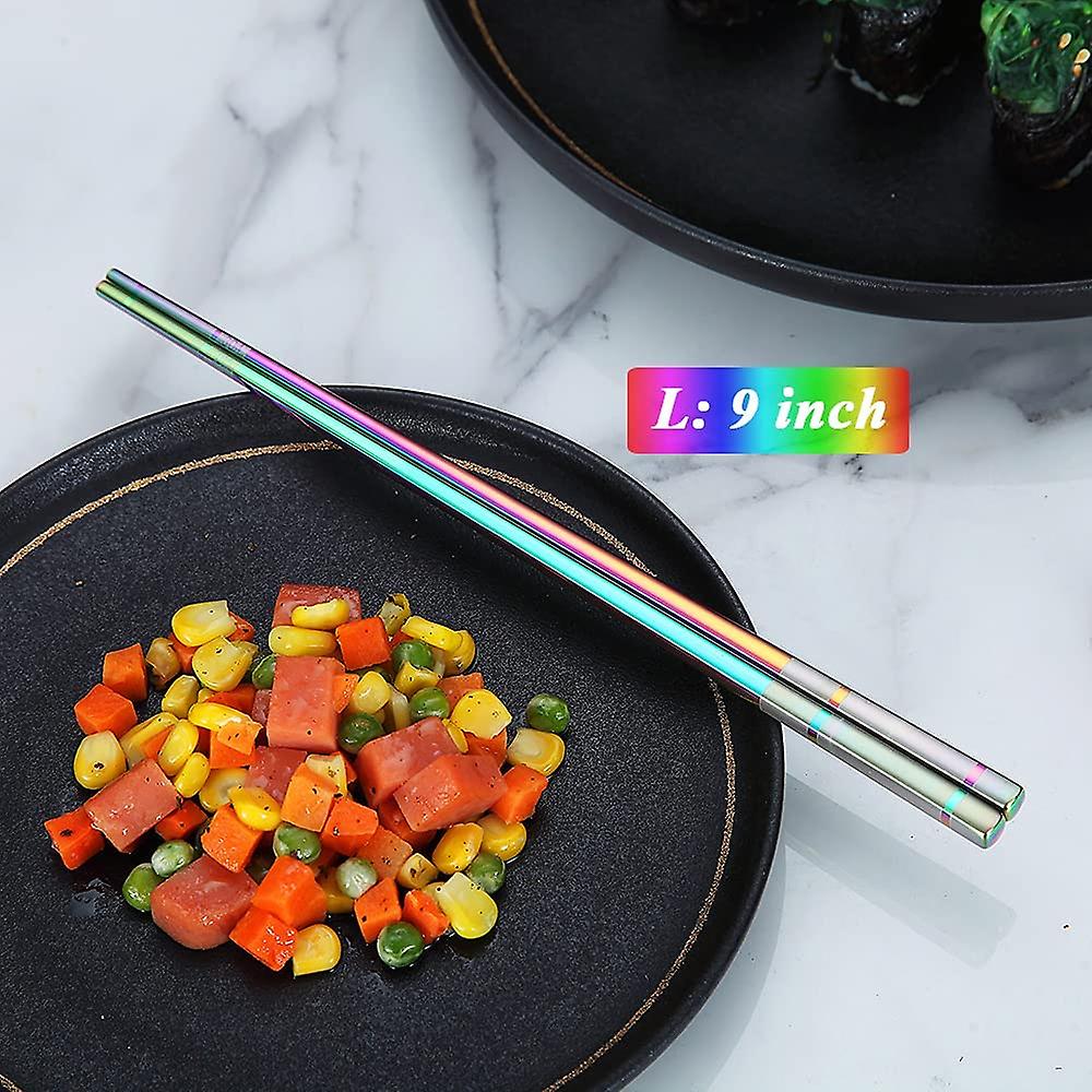 Rainbow Metal Chopsticks， 5 Pairs 9 Inches Premium 304 Stainless Steel Metal Chopsticks Reusable Dishwasher Safe Colorful， Titanium Plated Chopsticks