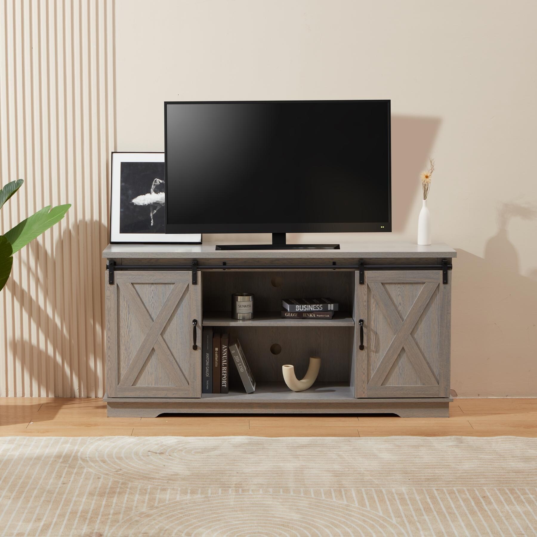 Modern Sliding Barn Door TV Stand with 5 Adjustable Shelves Grey