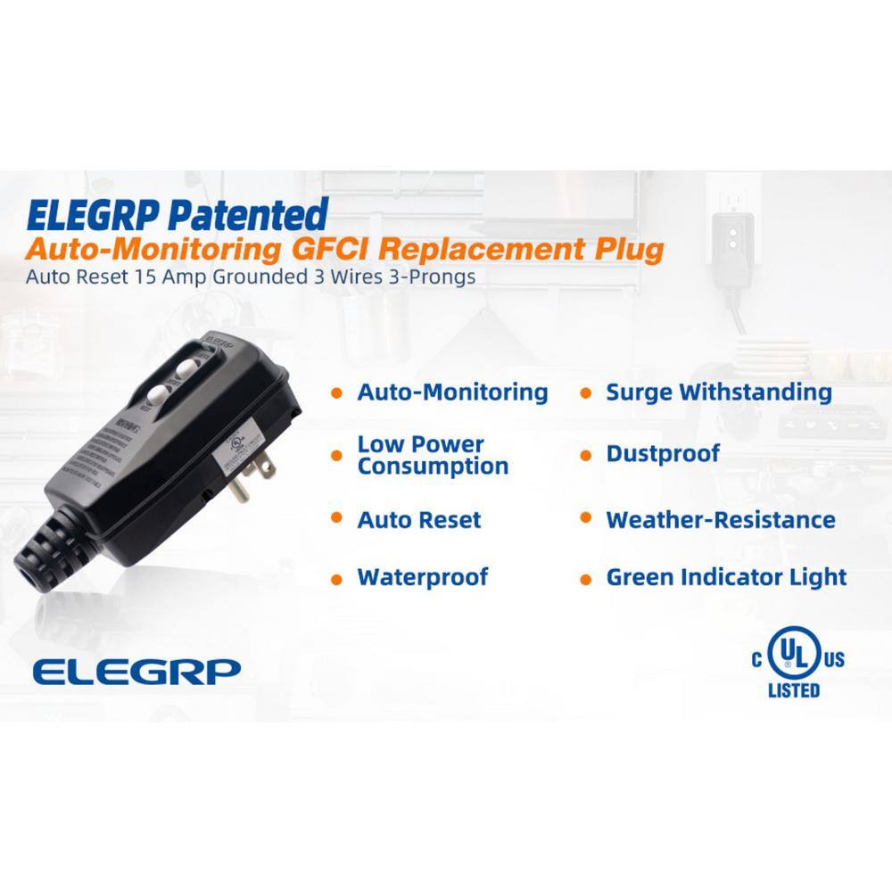 ELEGRP 4.67 in. 15 Amp Auto Reset 3 Prong Portable GFCI Replacement Right Angle Plug Assembly EG20PAS0201-5P