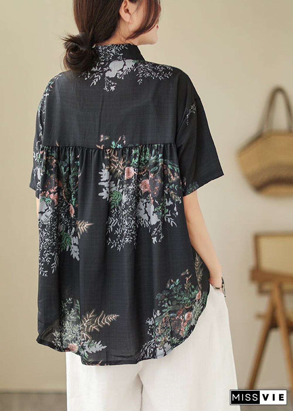 Organic Black Oversized Print Linen Blouses Summer