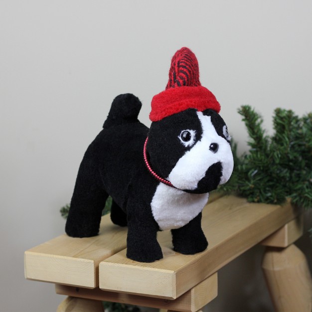 Black And White Plush Standing Bulldog With Red Hat Christmas Decoration