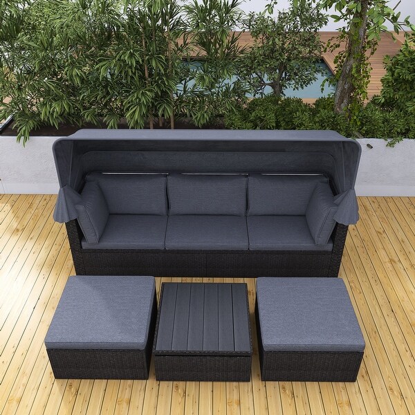 4Piece Outdoor Wicker Sectional Patio Daybed with Canopy and Ottoman