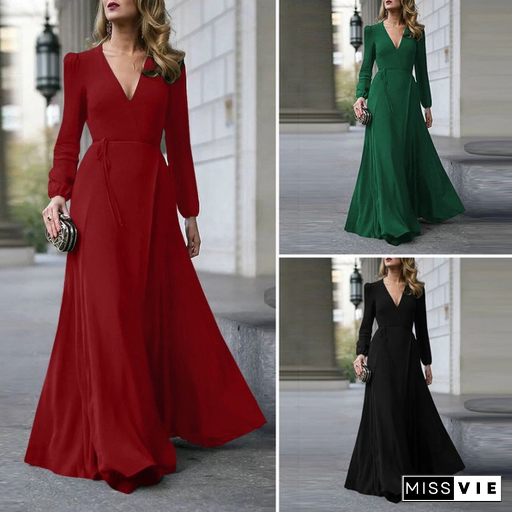 ZANZEA Autumn Long Sleeve Maxi Dresses Women Sexy Deep V Neck Bohemian Party Wedding Dress