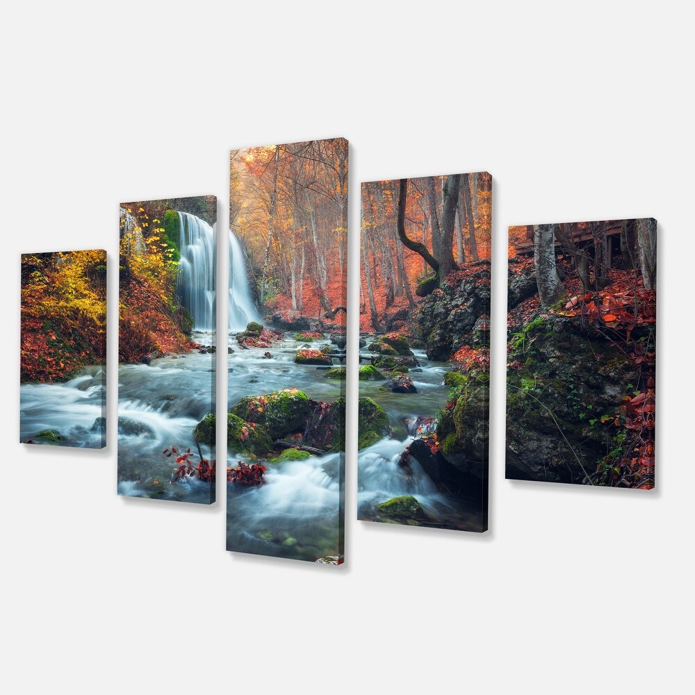 Autumn Mountain Waterfall Long View Landscape Photo Canvas Print   Orange