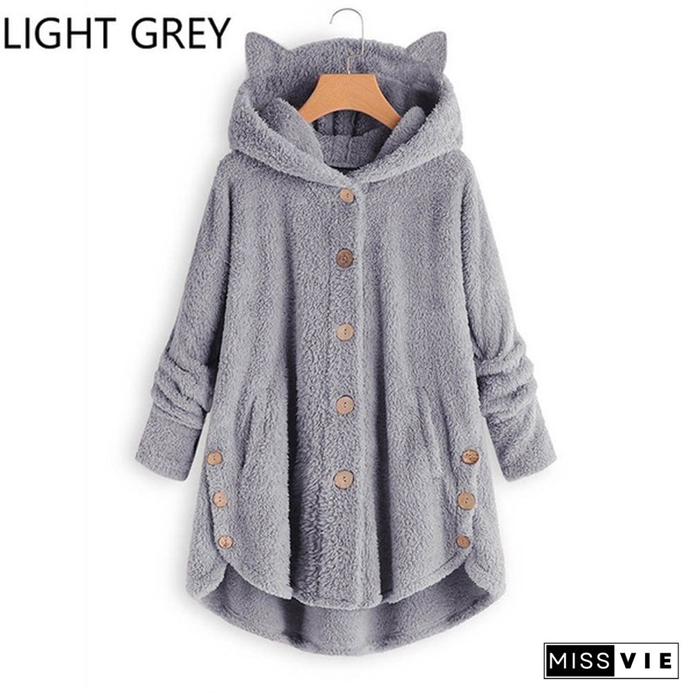 12 Colors Fashion Women Autumn Winter Soft Furry Fleece Hooded Casual Loose Long Coat Jacket Cute Cat Ears Ladies Plush Hoodies Casual Loose Warm Jacket Plus Size S-5Xl