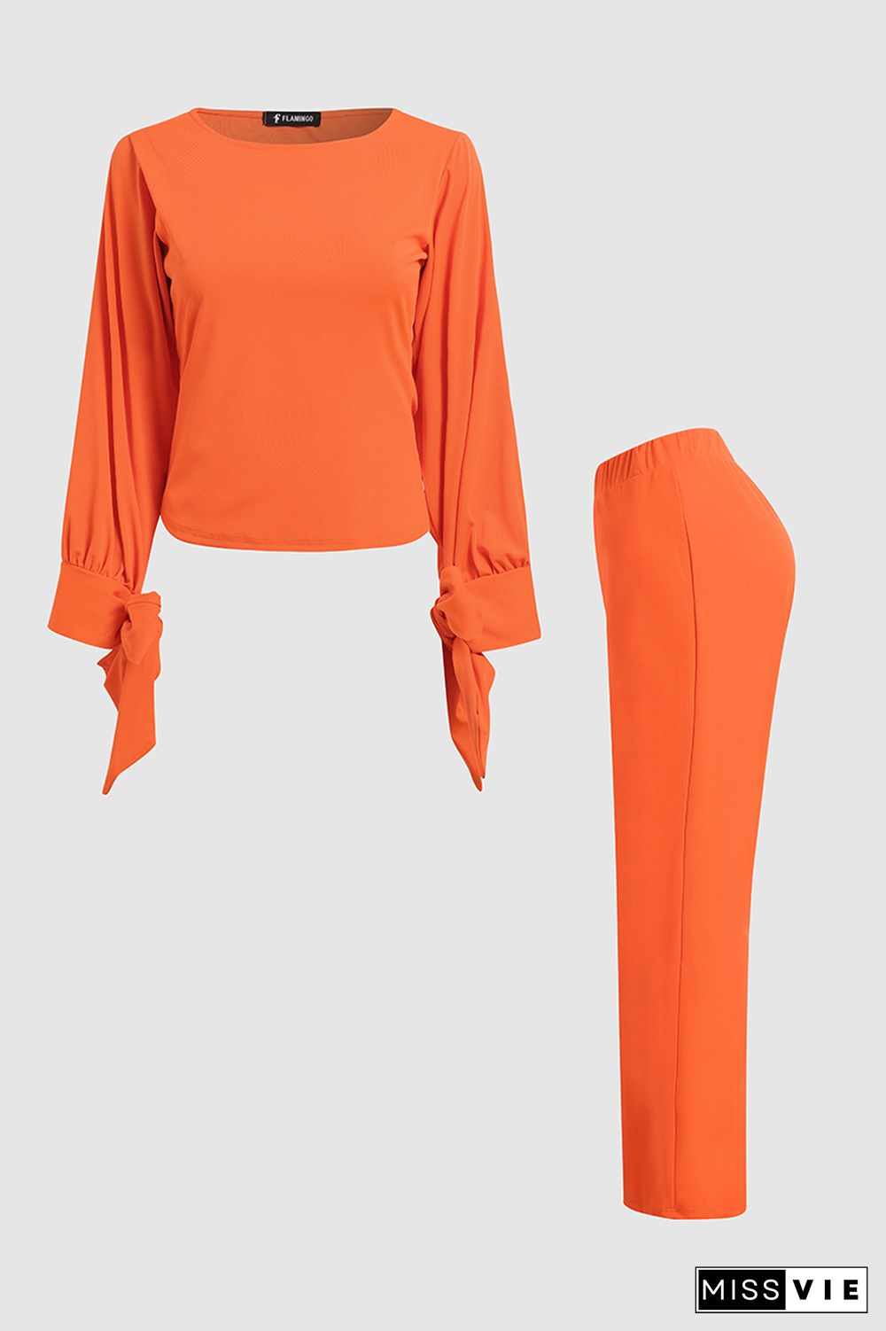 Solid Knot Cuff Blouse & Pants Set