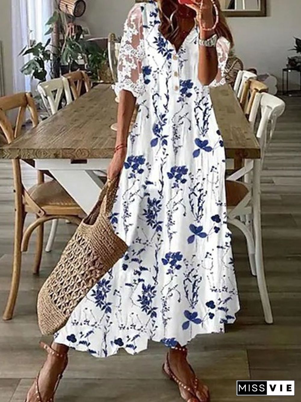 Casual V neck Loose Floral Half sleeve Dresses