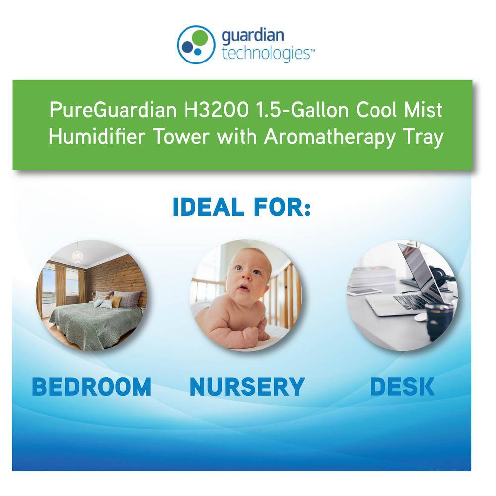 Pure Guardian 1.5 Gal.100-Hour Ultrasonic Cool Mist Humidifier Tower with Aromatherapy Tray Black H3200BAR