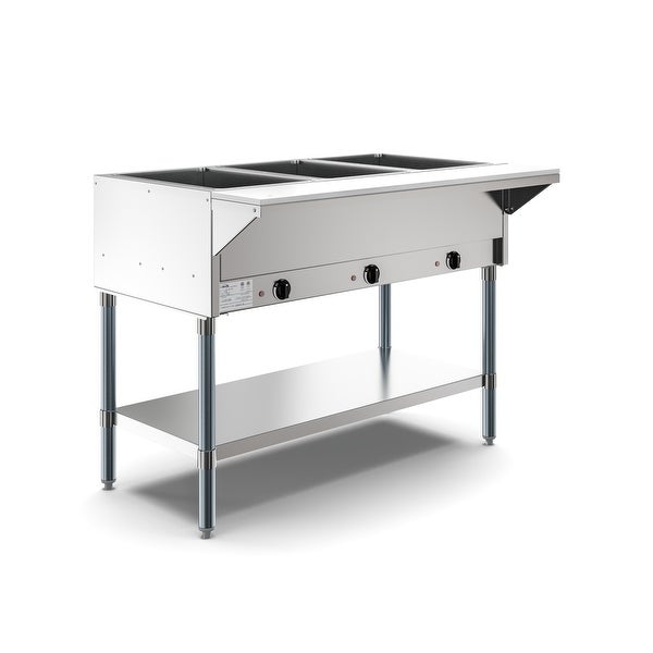 3-Pan Open Well Commercial Electric Stainless Steel Steam Table with Undershelf， Warming Control Knobs， and Front Serving Area