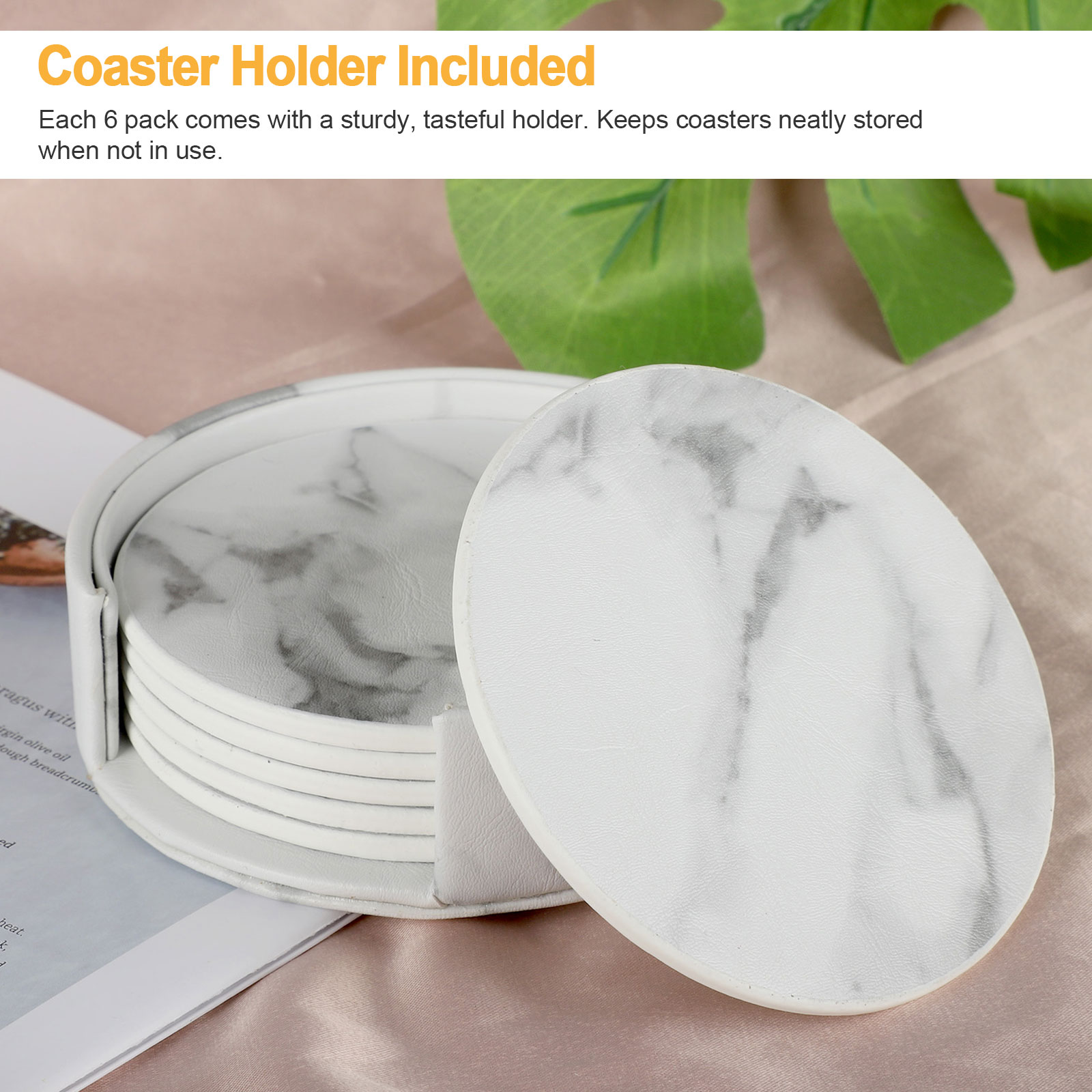 6pcs Leather Coasters， EEEkit Coasters for Drinks with Holder， Ceramic Stone Coasters with Marble Design， Round Cup Mat Pad Protects Furniture from Water Marks Scratch or Damage