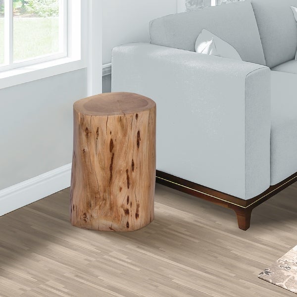 17 Inch Accent Stump Stool End Table， Live Edge Acacia Wood Log with Grain and Knot Details， Natural Brown