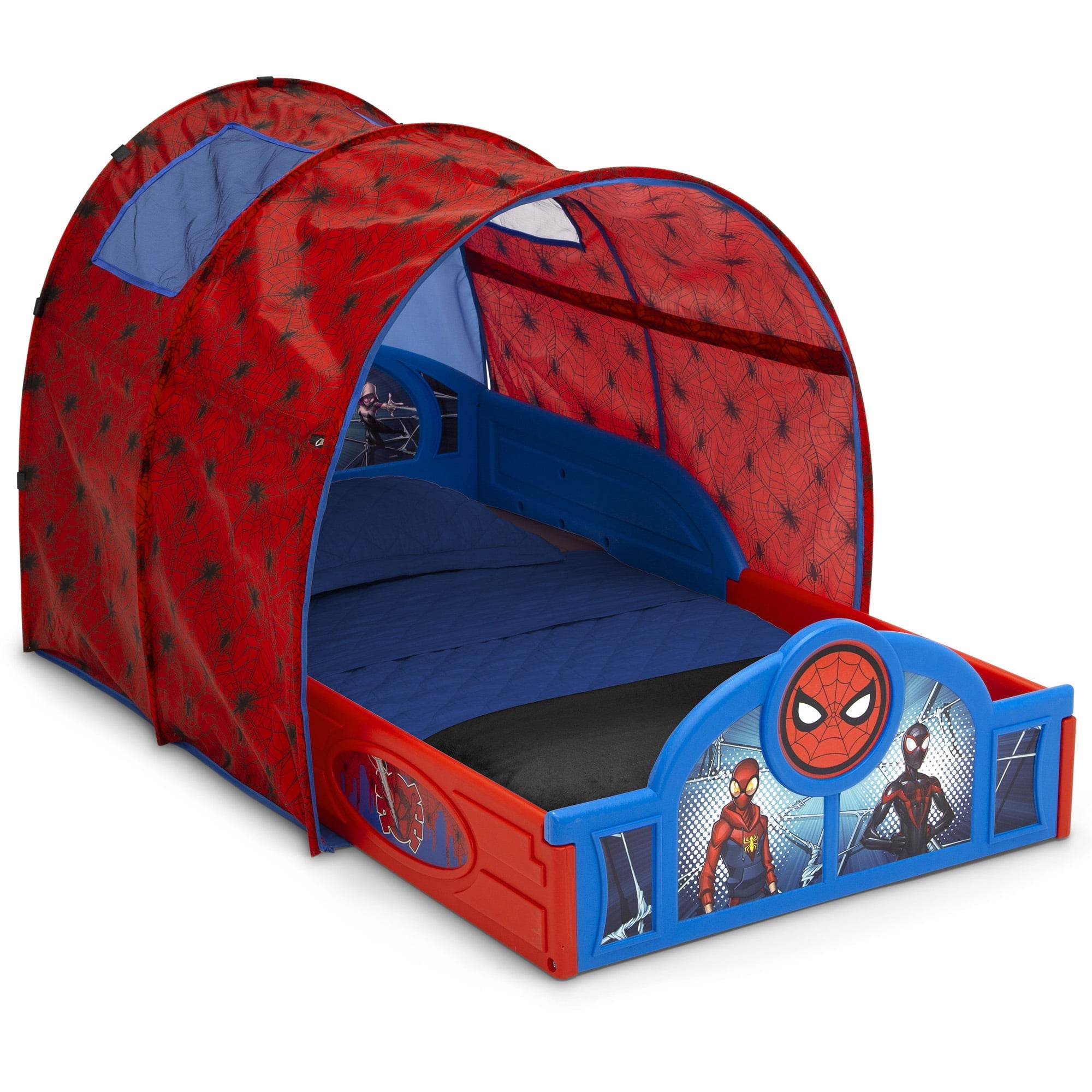 Marvel Spider-Man Sleep and Play Toddler Bed with Tent and Built-In Guardrails by Delta Children