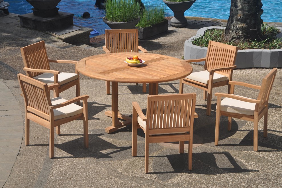 7 Piece Outdoor Teak Dining Set  60 quotRound Table  6 Leveb Stacking Arm Chairs   Transitional   Outdoor Dining Sets   by Teak Deals  Houzz