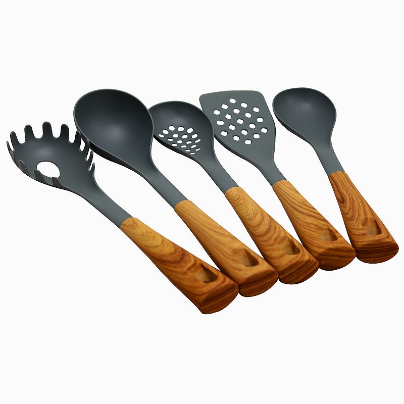 Oster Cocina Everwood Kitchen Nylon Tools Set with Wood Inspired Handles， Set of 5