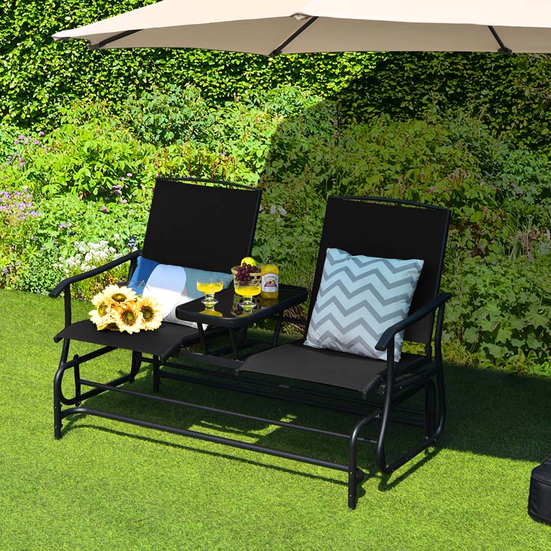 2-Person Outdoor Bench Glider Chair with Center Table, Mesh Fabric Rocking Loveseat for Patio