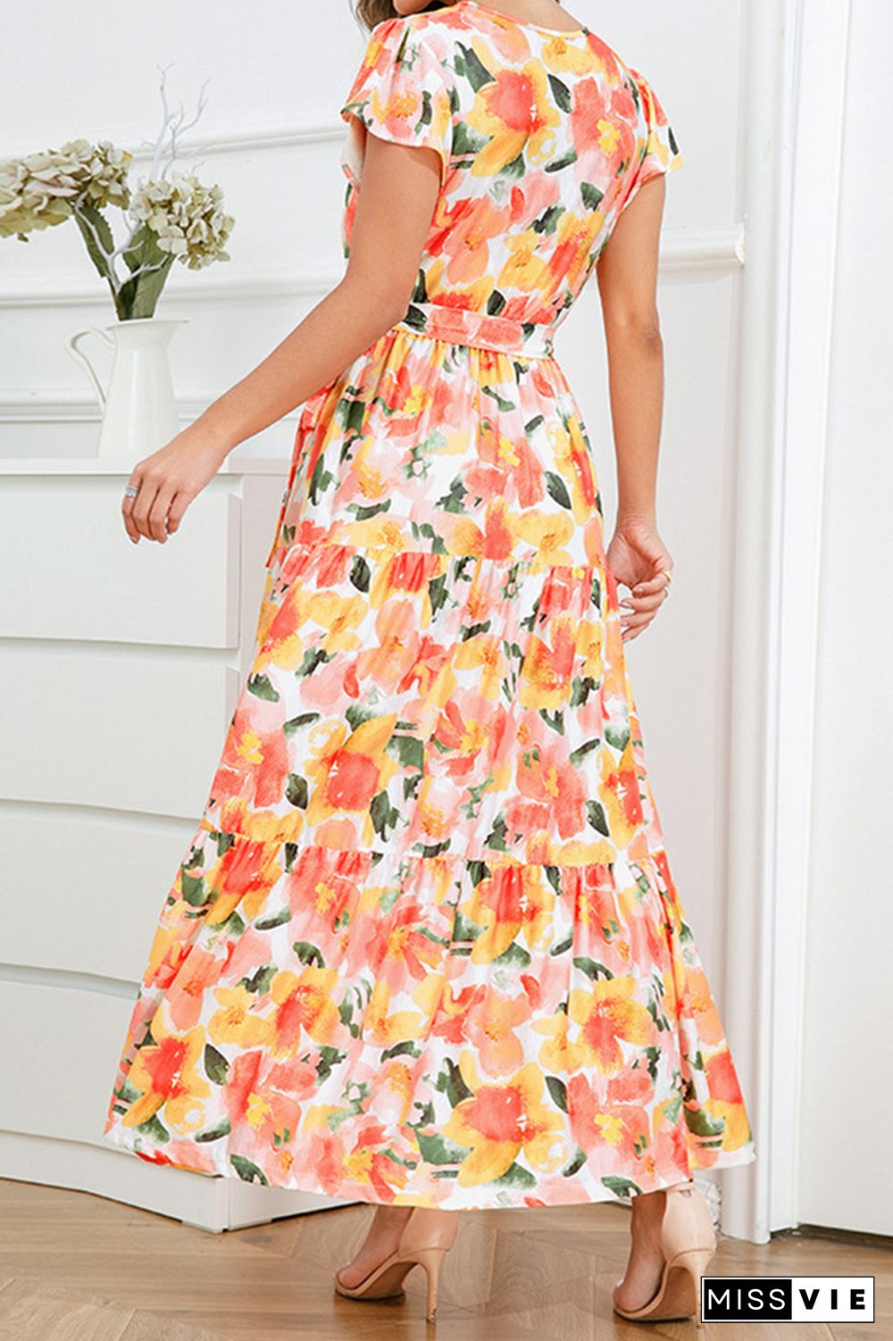 V Neck Flare Sleeves Floral Maxi Dress With Sash