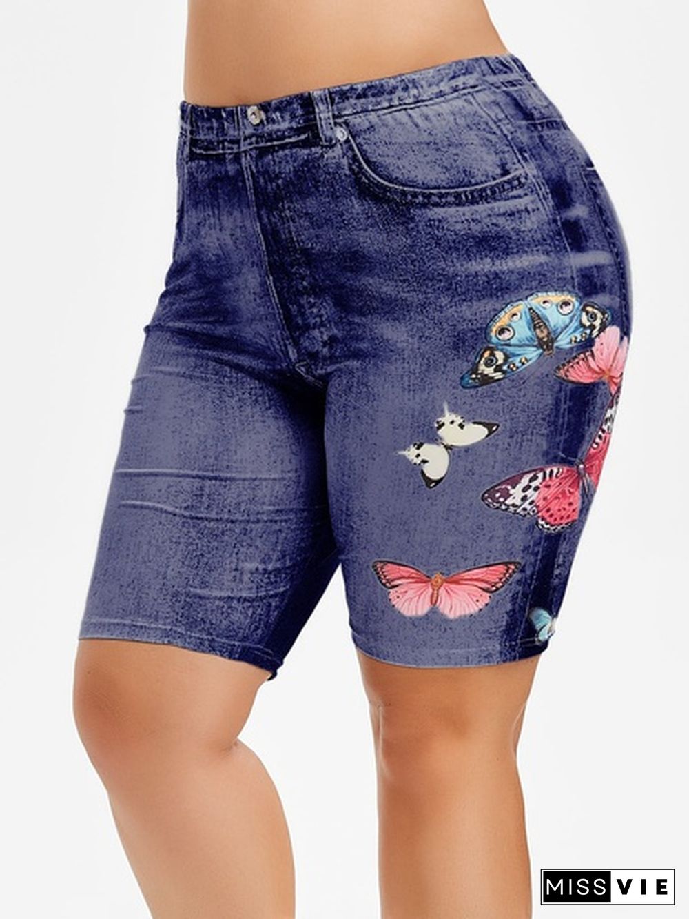 Women New Fashion Skinny Denim Jeans Casual High Waist Butterfly Print Faux Short Pants Plus Size Skinny Leggings Plus Size