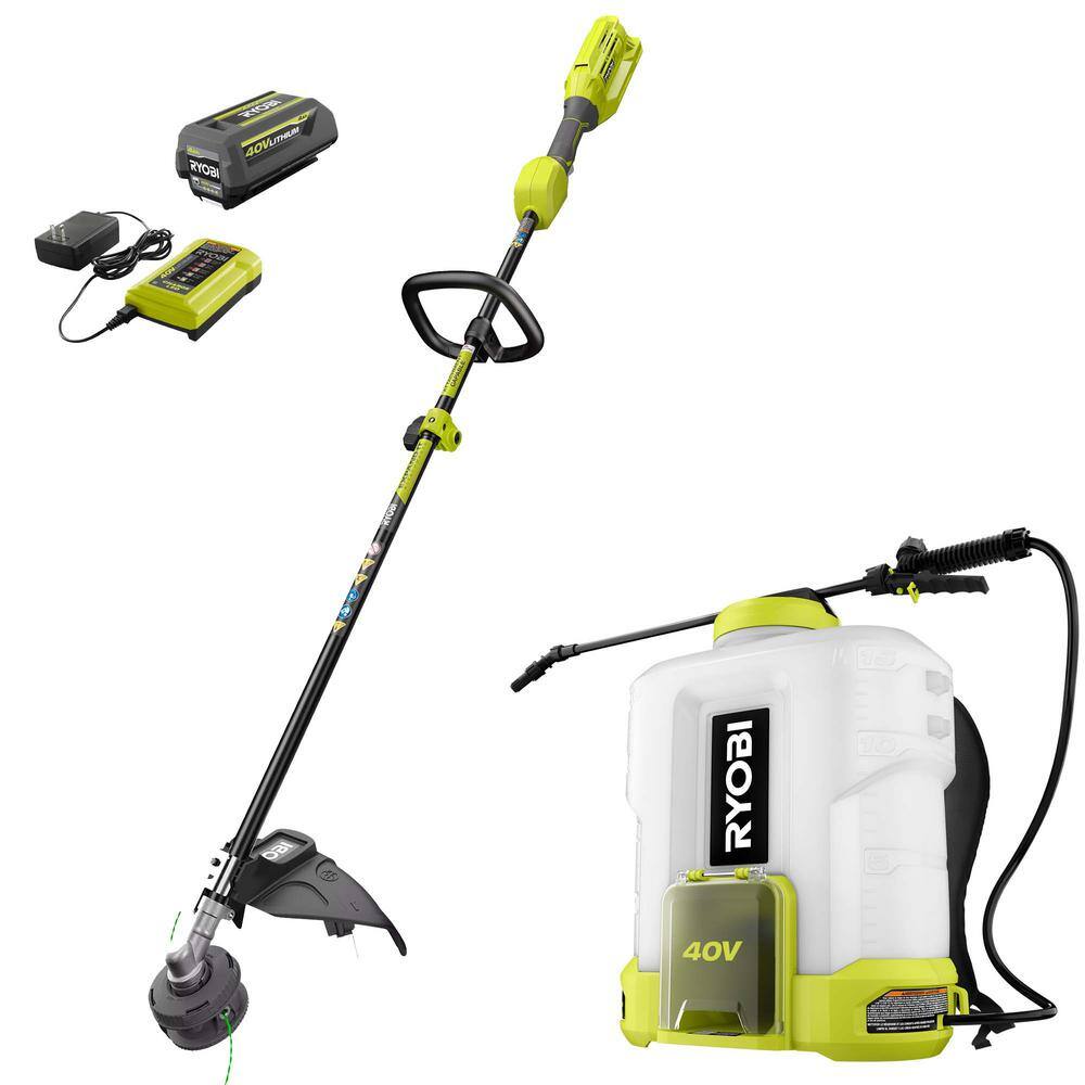 RYOBI 40V Cordless Battery Attachment Capable String Trimmer  4 Gal. Backpack Chemical Sprayer w 4.0 Ah Battery  Charger RY40250-SPR