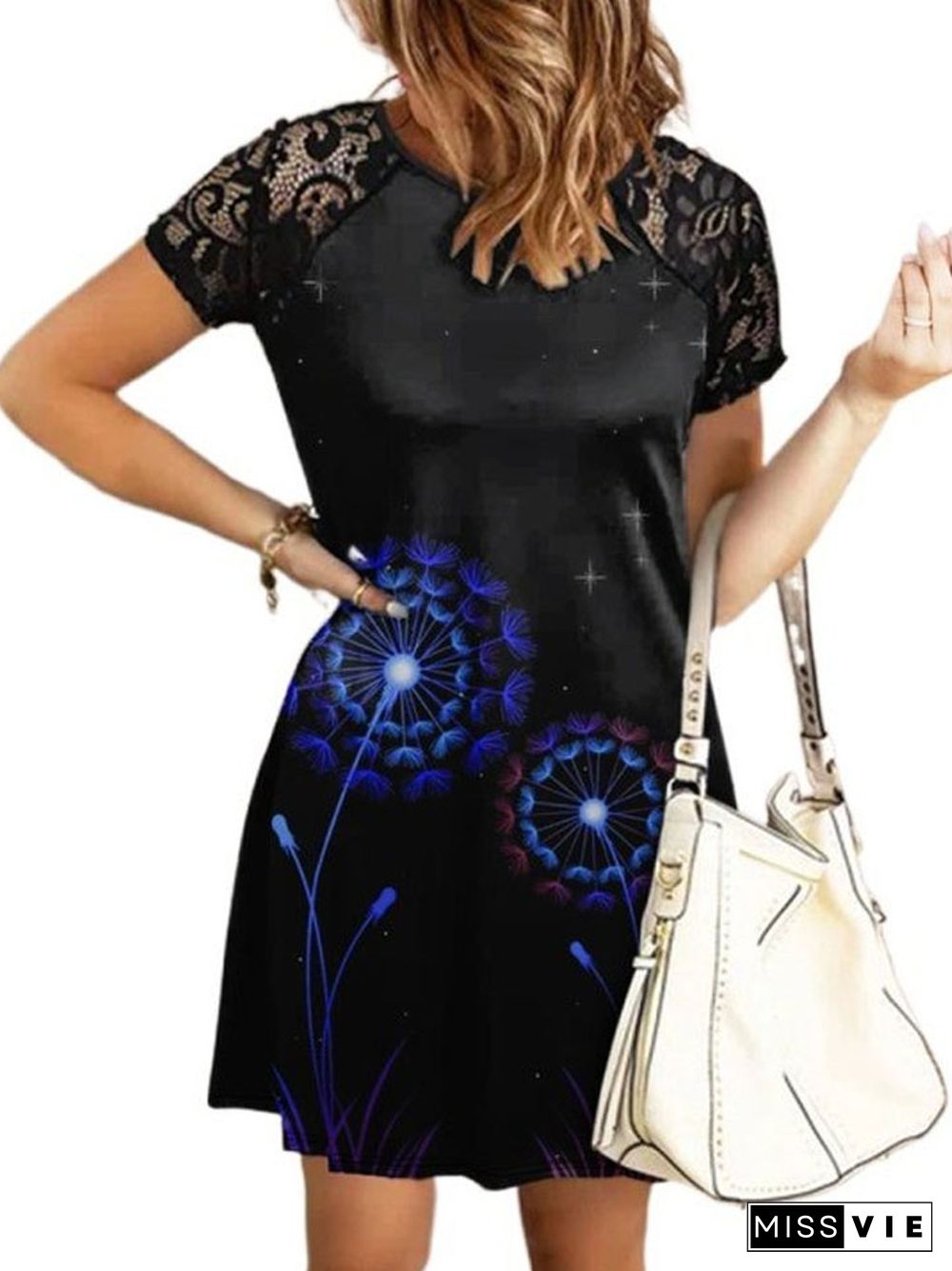 Patchwork Short Sleeved Lace Dress Black Dresses