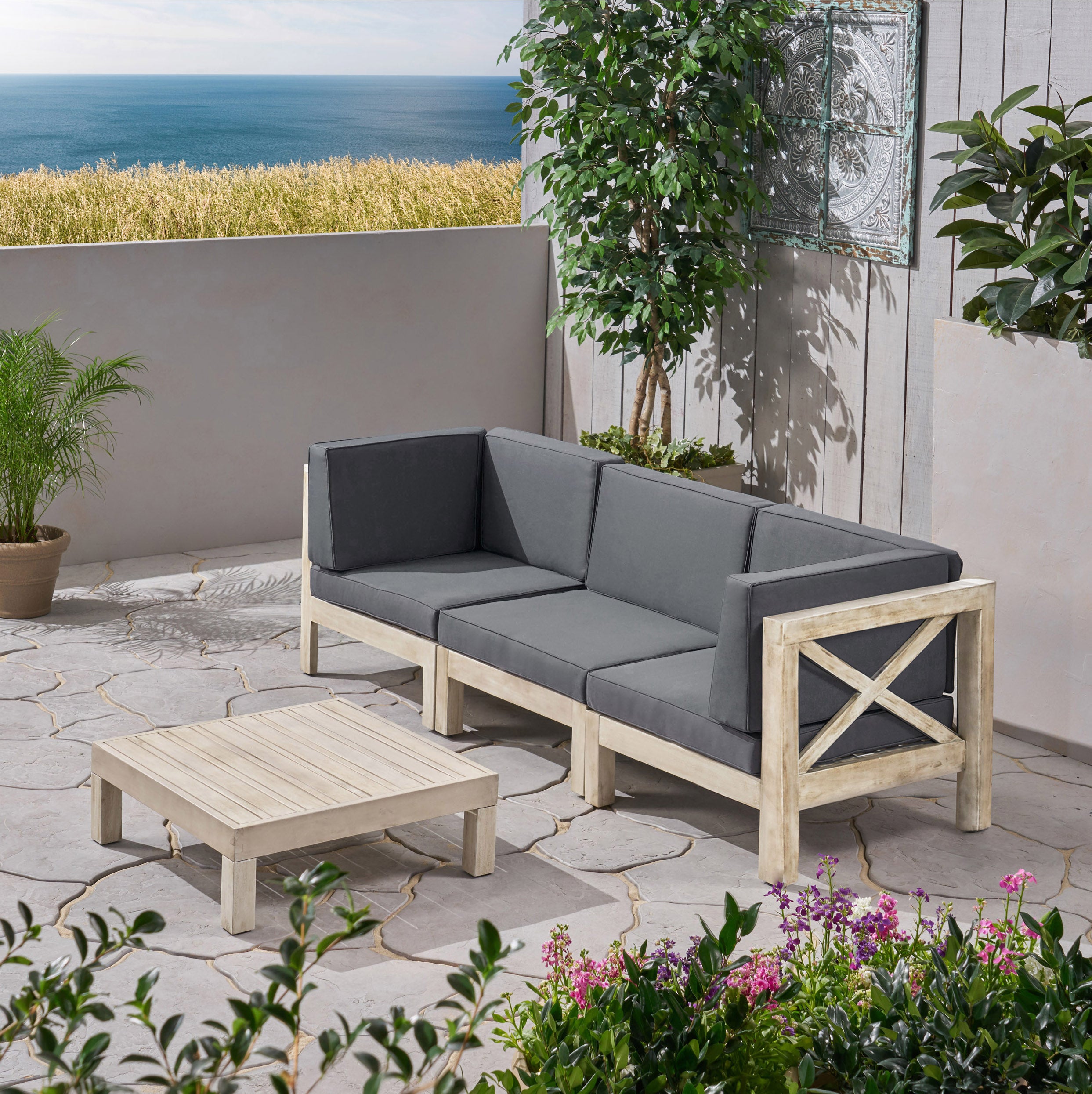 Brava Outdoor Modular Acacia Wood Sofa and Coffee Table Set with Cushions