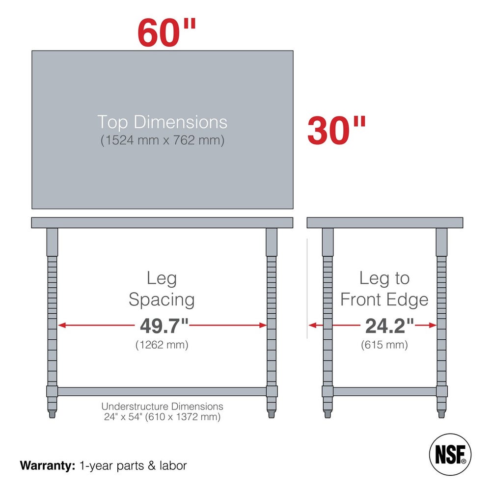 Metro TWS3060SU-304-K TableWorx Stationary Stainless Steel Work Table with Open 3-Sided Frame， 30